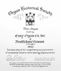 Plaque from Organ Historical Society